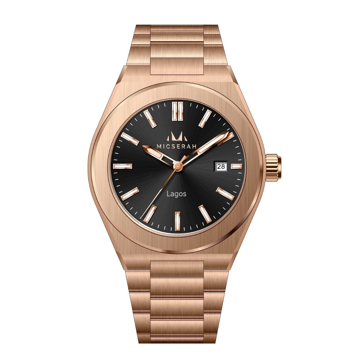 A rose gold-tone stainless steel watch with a black dial and a date display, featuring sapphire crystal glass.