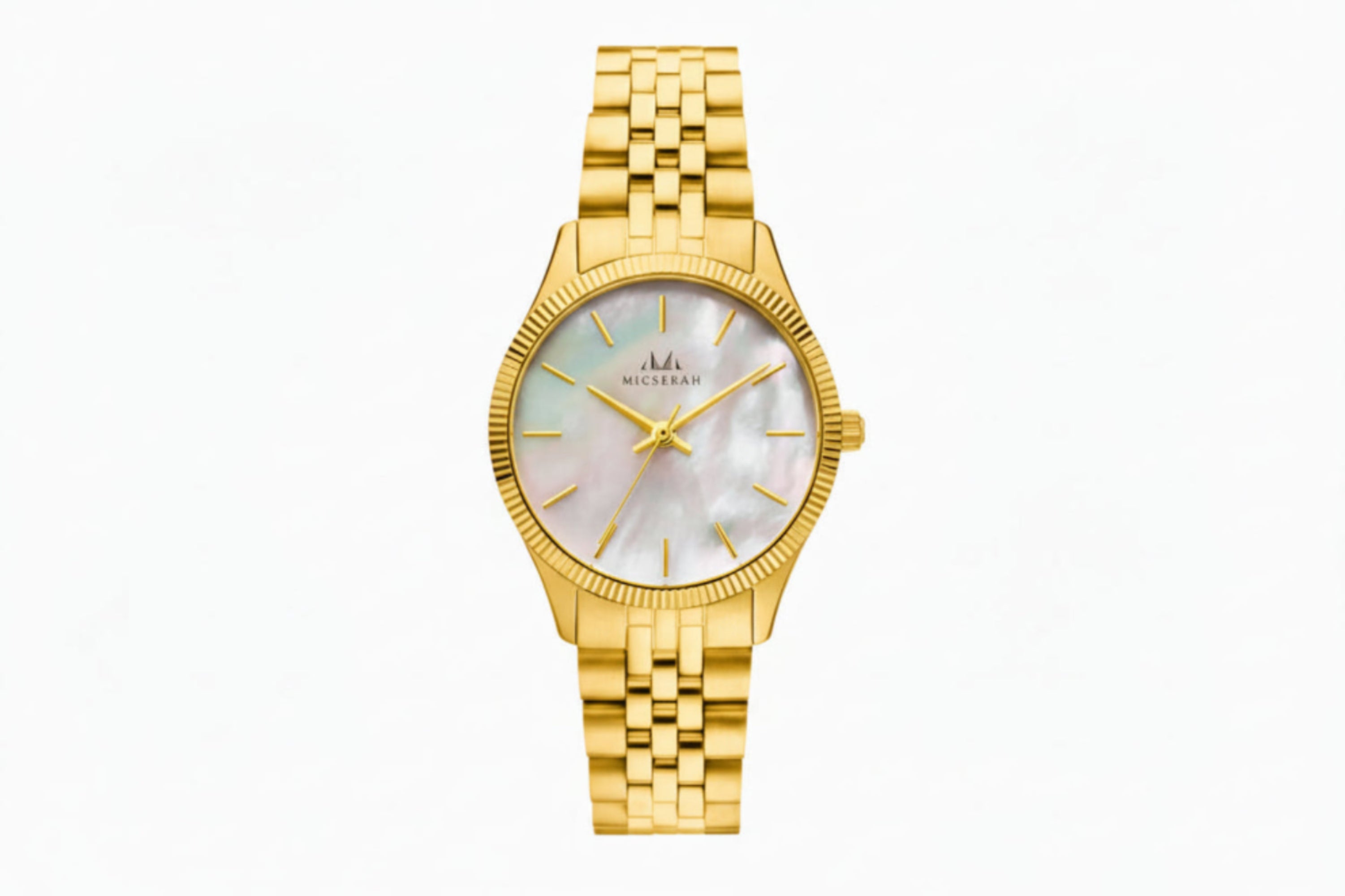 micserah seashell yellow gold watch with a light-colored face on a white background